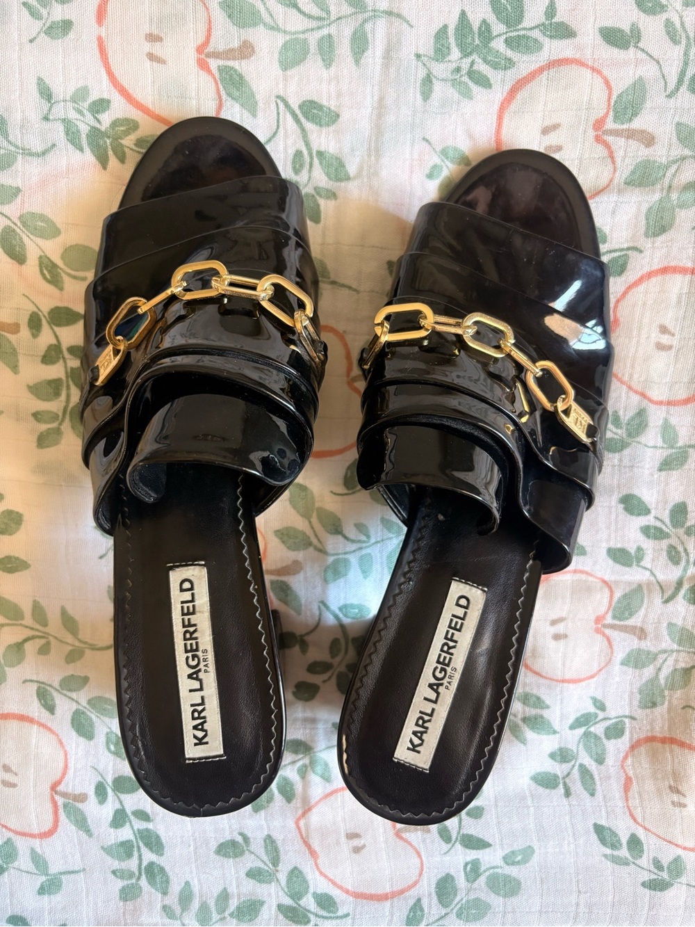 Karl Lagerfeld Black Patent Slide Sandals with Gold Chain